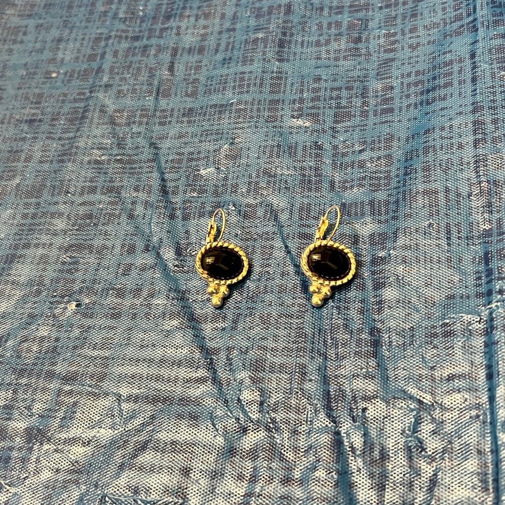 Vintage Signed Crown PD Unique Black Onyx  Dangling Earrings Sterling Sliver
